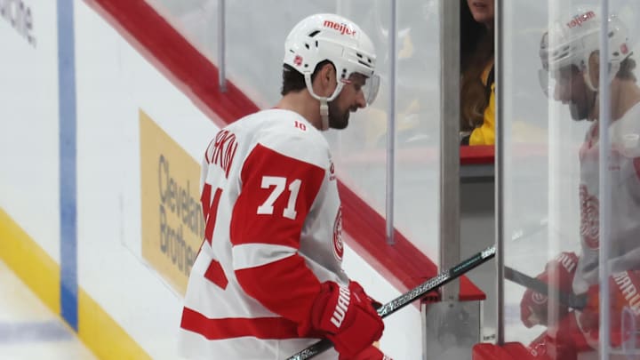 Mar 31, 2026; Pittsburgh, Pennsylvania, USA;  Detroit Red Wings center Dylan Larkin (71) enters the penalty box after being called for tripping against the Pittsburgh Penguins during the third period at PPG Paints Arena. Mandatory Credit: Charles LeClaire-Imagn Images