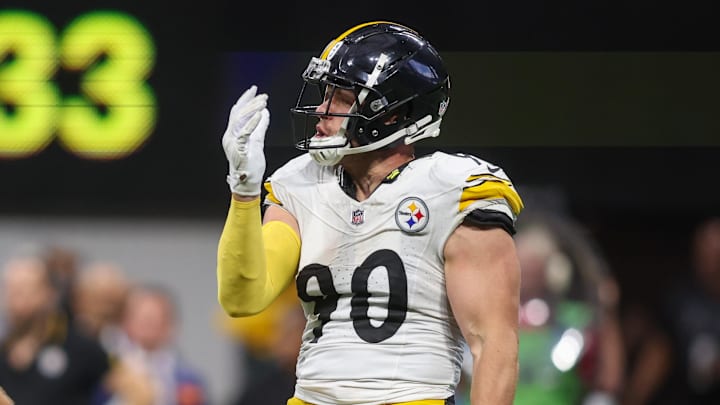 Pittsburgh Steelers star T.J. Watt (90) celebrate after a sack against the Atlanta Falcons. Pittsburgh Steelers star T.J. Watt (90) celebrate after a sack against the Atlanta Falcons.