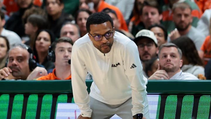 Feb 10, 2026; Coral Gables, Florida, USA; Miami Hurricanes head coach Jai Lucas looks on from sideline against the North Carolina Tar Heels during the second half at Watsco Center. Mandatory Credit: Sam Navarro-Imagn Images