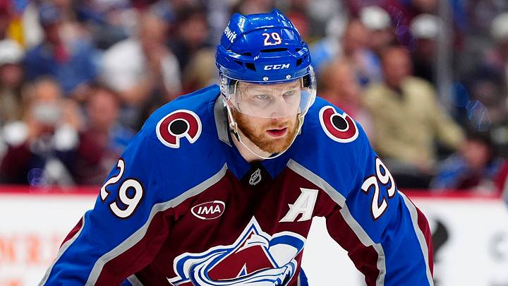 May 22, 2026; Denver, Colorado, USA; Colorado Avalanche center Nathan MacKinnon (29) looks on during the second period against the Vegas Golden Knights in game two of the Western Conference Final of the 2026 Stanley Cup Playoffs at Ball Arena. Mandatory Credit: Ron Chenoy-Imagn Images May 22, 2026; Denver, Colorado, USA; Colorado Avalanche center Nathan MacKinnon (29) looks on during the second period against the Vegas Golden Knights in game two of the Western Conference Final of the 2026 Stanley Cup Playoffs at Ball Arena. Mandatory Credit: Ron Chenoy-Imagn Images