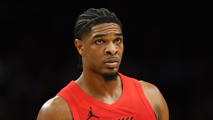 Feb 22, 2026; Phoenix, Arizona, USA; Portland Trail Blazers guard Scoot Henderson (00) against the Phoenix Suns at Mortgage Matchup Center. Mandatory Credit: Mark J. Rebilas-Imagn Images