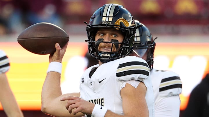 Purdue Boilermakers quarterback Ryan Browne (15) warms up before the game