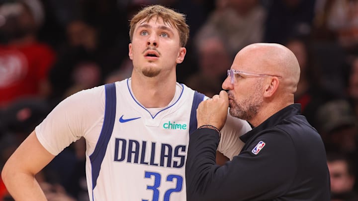 Mar 10, 2026; Atlanta, Georgia, USA; Dallas Mavericks forward Cooper Flagg (32) talks to head coach Jason Kidd against the Atlanta Hawks in the first quarter at State Farm Arena. Mandatory Credit: Brett Davis-Imagn Images
