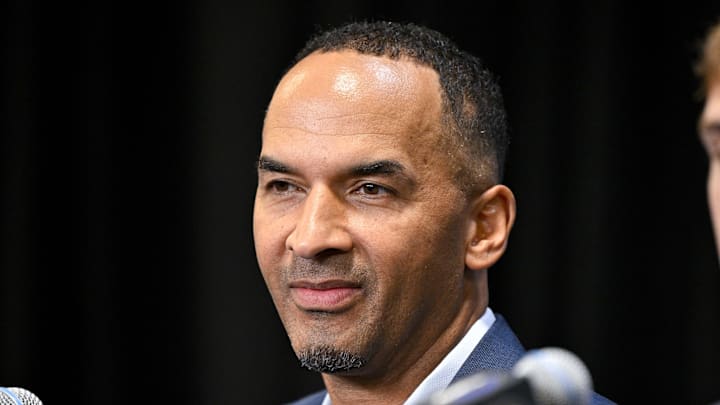 Jun 27, 2025; Dallas, TX, USA; Dallas Mavericks general manager Nico Harrison speaks to the media at the Dallas Mavericks Practice Facility. Mandatory Credit: Jerome Miron-Imagn Images