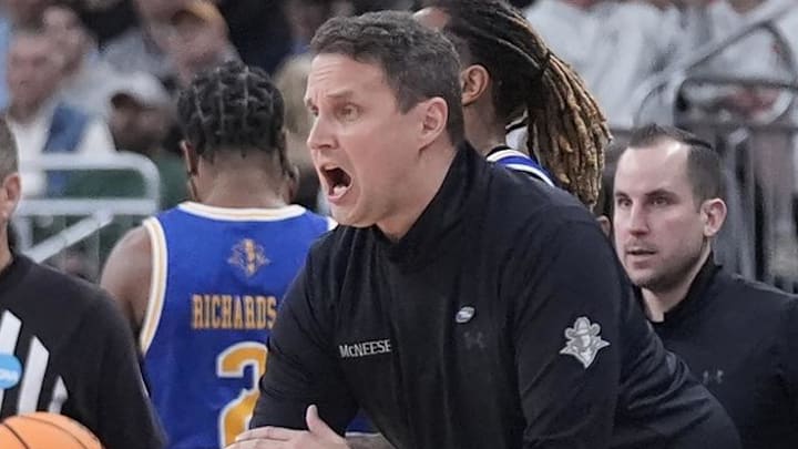 Mar 20, 2025; Providence, RI, USA; McNeese State Cowboys head coach Will Wade reacts during the first half against the Clemson Tigers at Amica Mutual Pavilion. Mandatory Credit: Gregory Fisher-Imagn Images