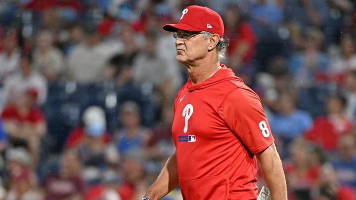 May 19, 2026; Philadelphia, Pennsylvania, USA; Philadelphia Phillies bench coach Don Mattingly (8) walks to the mound to make a pitching change during the seventh inning against the Cincinnati Reds at Citizens Bank Park. 