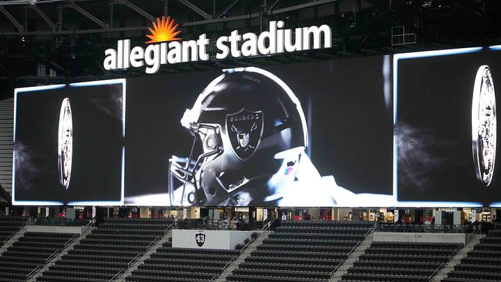 Jan 4, 2026; Paradise, Nevada, USA; The Las Vegas Raiders helmet logo on the video board at Allegiant Stadium. Mandatory Credit: Kirby Lee-Imagn Images Jan 4, 2026; Paradise, Nevada, USA; The Las Vegas Raiders helmet logo on the video board at Allegiant Stadium. Mandatory Credit: Kirby Lee-Imagn Images