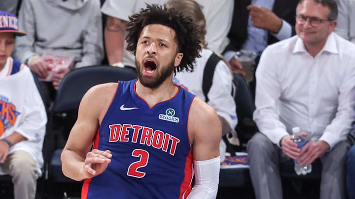Apr 29, 2025; New York, New York, USA; Detroit Pistons guard Cade Cunningham (2) celebrates after scoring in the third quarter against the New York Knicks during game five of first round for the 2025 NBA Playoffs at Madison Square Garden. Mandatory Credit: Wendell Cruz-Imagn Images