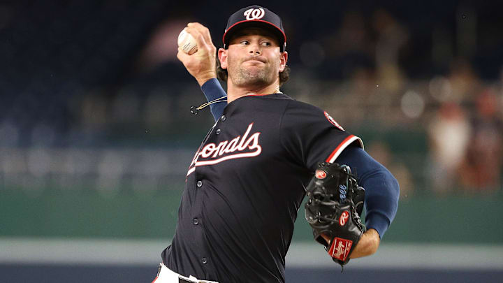 Jul 21, 2025; Washington, District of Columbia, USA; Washington Nationals pitcher Kyle Finnegan (67) throws during the ninth inning against the Cincinnati Reds at Nationals Park.