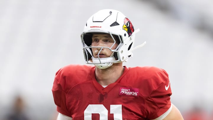 Jul 29, 2025; Glendale, AZ, USA; Arizona Cardinals tight end Travis Vokolek (81) during training camp at State Farm Stadium. Mandatory Credit: Mark J. Rebilas-Imagn Images