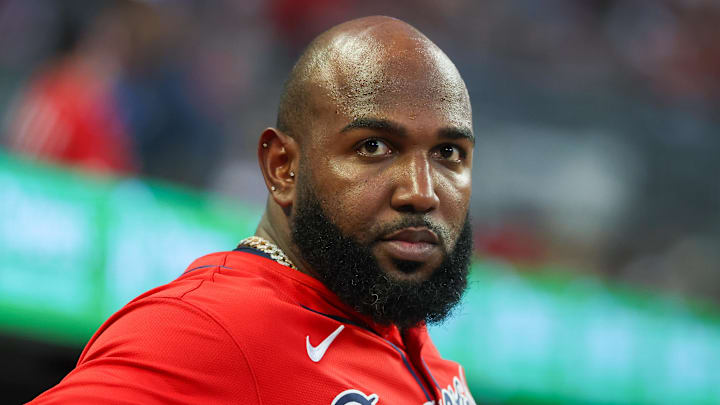 Jul 4, 2025; Atlanta, Georgia, USA; Atlanta Braves designated hitter Marcell Ozuna (20) in the dugout against the Baltimore Orioles in the sixth inning at Truist Park. Mandatory Credit: Brett Davis-Imagn Images