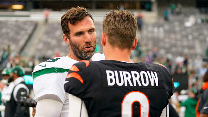 New York Jets quarterback Joe Flacco (19) and Cincinnati Bengals quarterback Joe Burrow (9) talk after the game. The Bengals defeat the Jets, 27-12, at MetLife Stadium on Sunday, Sept. 25, 2022.
Nfl Jets Vs Cincinnati Bengals Bengals At Jets New York Jets quarterback Joe Flacco (19) and Cincinnati Bengals quarterback Joe Burrow (9) talk after the game. The Bengals defeat the Jets, 27-12, at MetLife Stadium on Sunday, Sept. 25, 2022.
Nfl Jets Vs Cincinnati Bengals Bengals At Jets