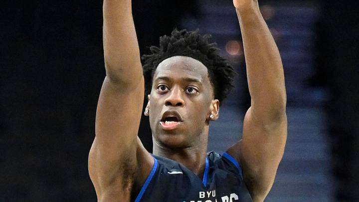 Mar 18, 2026; Portland, OR, USA; BYU Cougars forward AJ Dybantsa (3) shoots the ball during a practice session ahead of the first round of the men's 2026 NCAA Tournament at Moda Center. Mandatory Credit: Craig Strobeck-Imagn Images