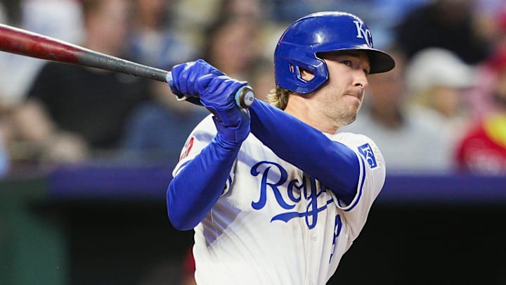 May 28, 2025; Kansas City, Missouri, USA; Kansas City Royals center fielder Drew Waters (8) bats against the Cincinnati Reds at Kauffman Stadium. Mandatory Credit: Jay Biggerstaff-Imagn Images