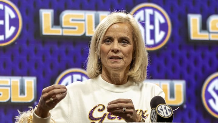 Oct 15, 2025; Birmingham, AL, USA; LSU Tigers head coach Kim Mulkey talks with the media during SEC Media Days at Grand Bohemian Hotel. Mandatory Credit: Vasha Hunt-Imagn Images