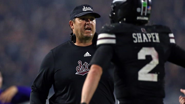 Mississippi State Bulldogs head coach Jeff Lebby reacts with quarterback Blake Shapen (2) after a touchdown during the fourth quarter against the Arizona State Sun Devils at Davis Wade Stadium at Scott Field.