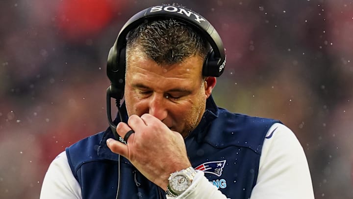 Dec 14, 2025; Foxborough, Massachusetts, USA; New England Patriots head coach Mike Vrabel reacts from the sideline as they take on the Buffalo Bills at Gillette Stadium. Mandatory Credit: David Butler II-Imagn Images