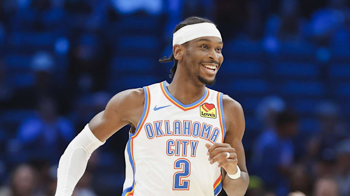 Oct 17, 2024; Oklahoma City, Oklahoma, USA; Oklahoma City Thunder guard Shai Gilgeous-Alexander (2) runs down the court after scoring against the Atlanta Hawks during the first quarter at Paycom Center. Mandatory Credit: Alonzo Adams-Imagn Images Oct 17, 2024; Oklahoma City, Oklahoma, USA; Oklahoma City Thunder guard Shai Gilgeous-Alexander (2) runs down the court after scoring against the Atlanta Hawks during the first quarter at Paycom Center. Mandatory Credit: Alonzo Adams-Imagn Images