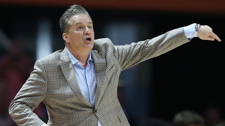 Kentucky Wildcats head coach John Calipari gives direction during the second half against the Tennessee Volunteers at Thompson-Boling Arena at Food City Center. 