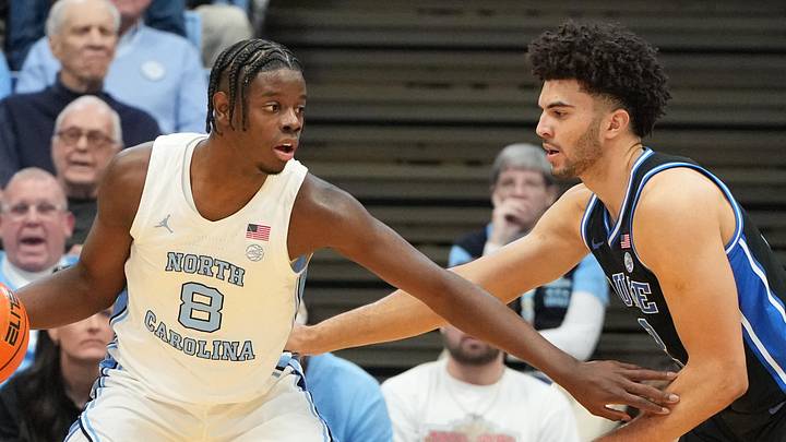 Feb 7, 2026; Chapel Hill, North Carolina, USA; North Carolina Tar Heels forward Caleb Wilson (8) with the ball as Duke Blue Devils forward Cameron Boozer (12) defends in the first half at Dean E. Smith Center. Mandatory Credit: Bob Donnan-Imagn Images Feb 7, 2026; Chapel Hill, North Carolina, USA; North Carolina Tar Heels forward Caleb Wilson (8) with the ball as Duke Blue Devils forward Cameron Boozer (12) defends in the first half at Dean E. Smith Center. Mandatory Credit: Bob Donnan-Imagn Images