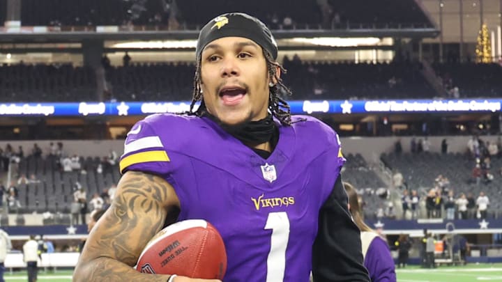 Dec 14, 2025; Arlington, Texas, USA; Minnesota Vikings wide receiver Jalen Nailor (1) celebrates after a game against the Dallas Cowboys at AT&T Stadium. Mandatory Credit: Kevin Jairaj-Imagn Images
