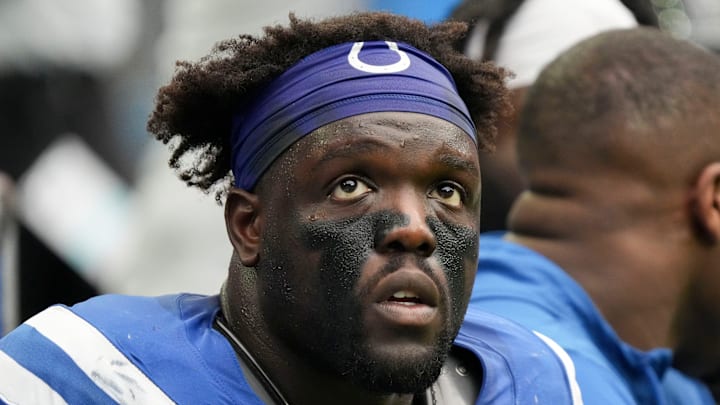 Indianapolis Colts defensive end Kwity Paye (51) sits on the bench Sunday, Sept. 17, 2023, during a game against the Houston Texans at NRG Stadium in Houston