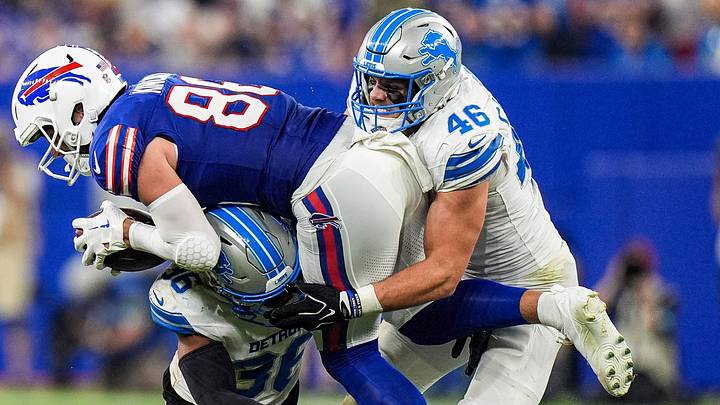 Detroit Lions linebacker Jack Campbell (46) and safety Chuck Clark (36) tackle Buffalo Bills tight end Dalton Kincaid (86) during the first half at Highmark Stadium in Orchard Park, NY, on Thursday, Sept. 17, 2026. Detroit Lions linebacker Jack Campbell (46) and safety Chuck Clark (36) tackle Buffalo Bills tight end Dalton Kincaid (86) during the first half at Highmark Stadium in Orchard Park, NY, on Thursday, Sept. 17, 2026.