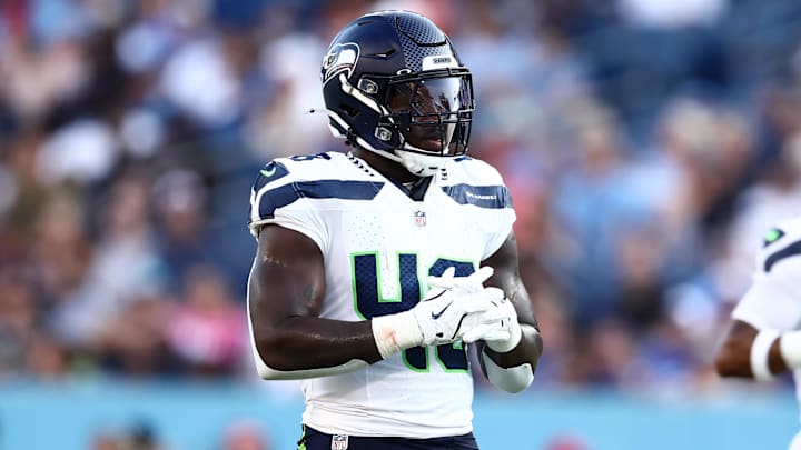 Aug 17, 2024; Nashville, Tennessee, USA; Seattle Seahawks linebacker Tyrice Knight (48) gets ready for a play in the first quarter of the game against the Tennessee Titans at Nissan Stadium. Mandatory Credit: Casey Gower-Imagn Images
