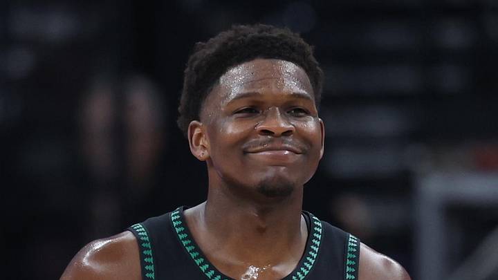 Nov 10, 2025; Salt Lake City, Utah, USA; Minnesota Timberwolves guard Anthony Edwards (5) reacts to a play against the Utah Jazz during the second half at Delta Center. Mandatory Credit: Rob Gray-Imagn Images
