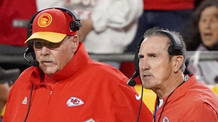 Oct 12, 2023; Kansas City, Missouri, USA; Kansas City Chiefs head coach Andy Reid and defensive coordinator Steve Spagnuolo talk on the sidelines against the Denver Broncos during the game at GEHA Field at Arrowhead Stadium. Mandatory Credit: Denny Medley-Imagn Images Oct 12, 2023; Kansas City, Missouri, USA; Kansas City Chiefs head coach Andy Reid and defensive coordinator Steve Spagnuolo talk on the sidelines against the Denver Broncos during the game at GEHA Field at Arrowhead Stadium. Mandatory Credit: Denny Medley-Imagn Images