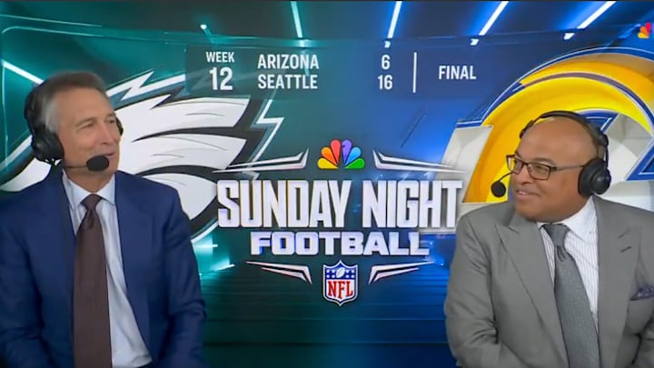 Cris Collinsworth and Mike Tirico in the booth for NBC's Sunday Night Football in Week 12