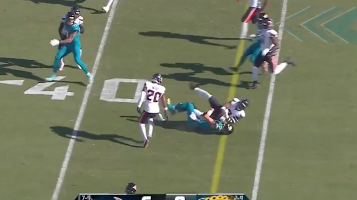 Trevor Lawrence was hit by Azeez Al-Shaair during the Jaguars - Titans game.
