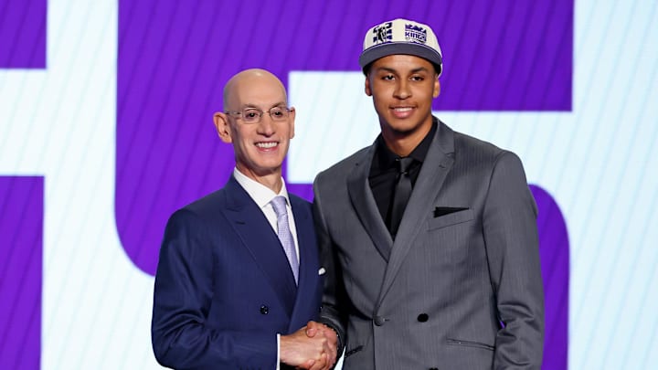 Jun 23, 2022; Brooklyn, NY, USA; Keegan Murray (Iowa) shakes hands with NBA commissioner Adam Silver after being selected as the number four overall pick by the Sacramento Kings in the first round of the 2022 NBA Draft at Barclays Center.