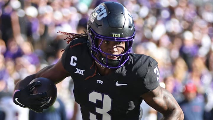 Nov 23, 2024; Fort Worth, Texas, USA; TCU Horned Frogs wide receiver Savion Williams (3) runs the ball against the Arizona Wildcats in the first quarter at Amon G. Carter Stadium. Mandatory Credit: Tim Heitman-Imagn Images