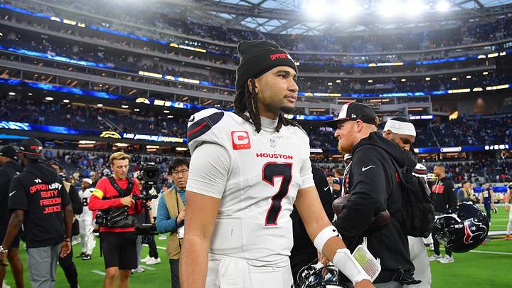 Dec 27, 2025; Inglewood, California, USA;  Houston Texans quarterback C.J. Stroud (7) stands on the field following a game against the Los Angeles Chargers at SoFi Stadium. Mandatory Credit: Gary A. Vasquez-Imagn Images