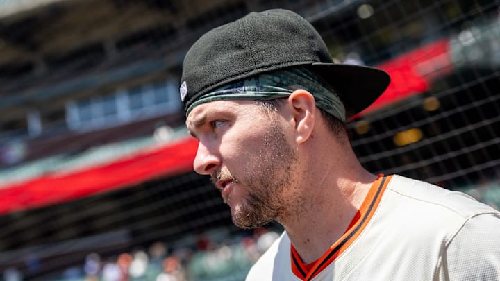Jun 19, 2025; San Francisco, California, USA; San Francisco Giants catcher Patrick Bailey (14) walks onto the field before the game against the Cleveland Guardians at Oracle Park. Mandatory Credit: Bob Kupbens-Imagn Images
