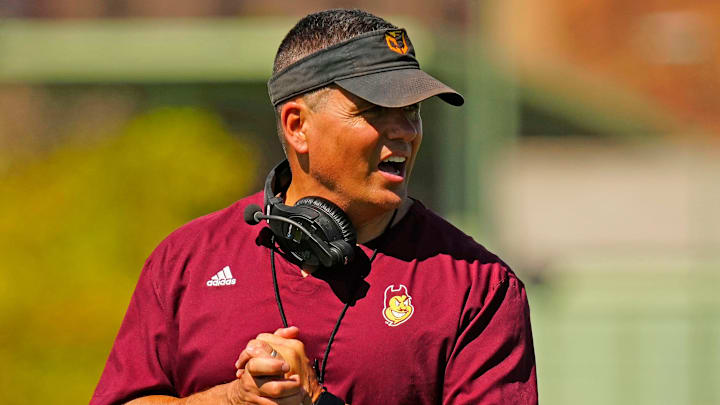 Arizona State defensive coordinator Brian Ward runs a drill for his secondary during the first day of fall practice in Tempe, Ariz. on July 30, 2025.
