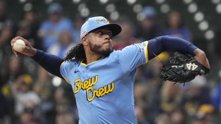 Jun 13, 2025; Milwaukee, Wisconsin, USA; Milwaukee Brewers pitcher Freddy Peralta (51) delivers a pitch against the St. Louis Cardinals in the first inning at American Family Field. Mandatory Credit: Michael McLoone-Imagn Images
