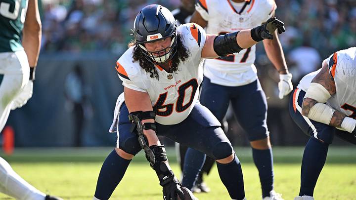 Oct 5, 2025; Philadelphia, Pennsylvania, USA; Denver Broncos center Luke Wattenberg (60) against the Philadelphia Eagles at Lincoln Financial Field. 