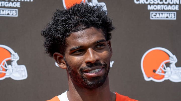 Shedeur Sanders answers media questions at the end of the Browns mini camp in Berea on April 21, 2026.