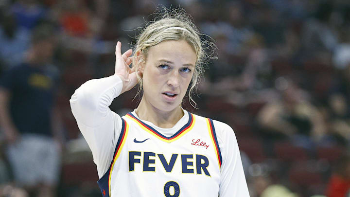 Jul 27, 2025; Chicago, Illinois, USA; Indiana Fever guard Sophie Cunningham (8) looks on during the second half of a basketball game against the Chicago Sky at United Center. Mandatory Credit: Kamil Krzaczynski-Imagn Images