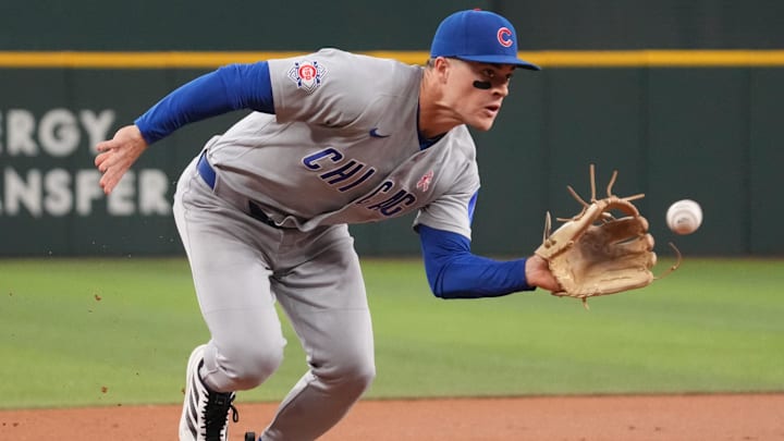 May 10, 2026; Arlington, Texas, USA; Chicago Cubs third baseman Matt Shaw (6) fields a ground ball during the first inning against the Texas Rangers at Globe Life Field. Mandatory Credit: Raymond Carlin III-Imagn Images