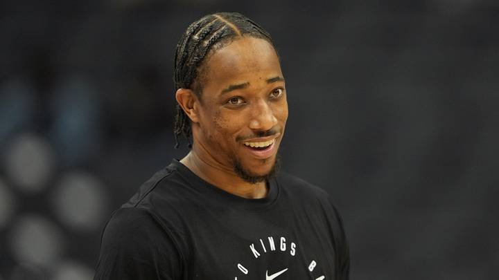 Apr 11, 2025; Sacramento, California, USA; Sacramento Kings forward DeMar DeRozan (10) before the game against the Los Angeles Clippers at Golden 1 Center. Mandatory Credit: Darren Yamashita-Imagn Images