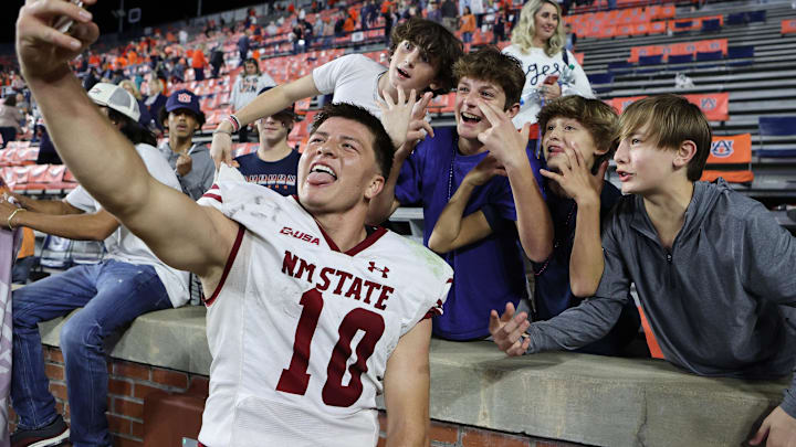 Then New Mexico State quarterback Diego Pavia celebrating a 31-10 thrashing of the Auburn Tigers. Then New Mexico State quarterback Diego Pavia celebrating a 31-10 thrashing of the Auburn Tigers.