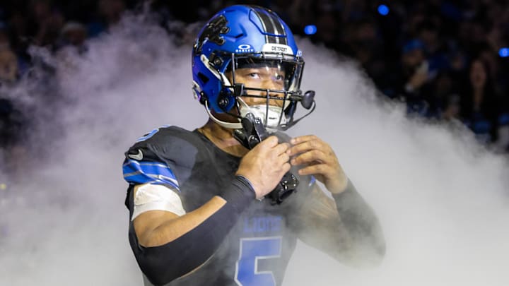 Dec 15, 2024; Detroit, Michigan, USA; Detroit Lions running back David Montgomery (5) is introduced before a game against the Buffalo Bills at Ford Field. Mandatory Credit: David Reginek-Imagn Images