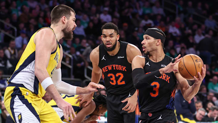 Mar 17, 2026; New York, New York, USA;  New York Knicks guard Josh Hart (3) looks to drive past Indiana Pacers center Ivica Zubac (40) in the third quarter at Madison Square Garden. Mandatory Credit: Wendell Cruz-Imagn Images