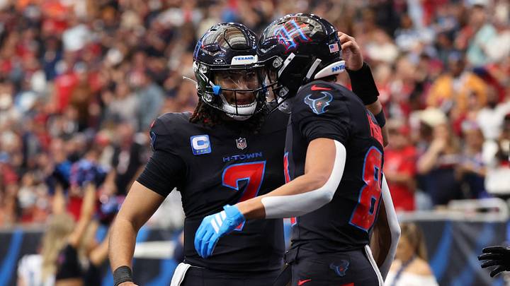 Jan 4, 2026; Houston, Texas, USA; Houston Texans wide receiver Jayden Higgins (81) reacts with quarterback C.J. Stroud (7) after making a touchdown catch against the Indianapolis Colts during the first half at NRG Stadium. Mandatory Credit: Thomas Shea-Imagn Images Jan 4, 2026; Houston, Texas, USA; Houston Texans wide receiver Jayden Higgins (81) reacts with quarterback C.J. Stroud (7) after making a touchdown catch against the Indianapolis Colts during the first half at NRG Stadium. Mandatory Credit: Thomas Shea-Imagn Images