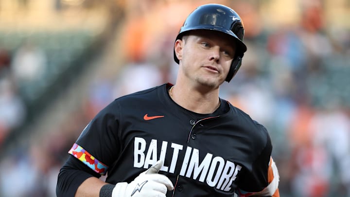 Aug 8, 2025; Baltimore, Maryland, USA; Baltimore Orioles designated hitter Ryan Mountcastle (6) rounds the bases after hitting a home run during the first inning against Oakland at Oriole Park at Camden Yards. Mandatory Credit: Daniel Kucin Jr.-Imagn Images