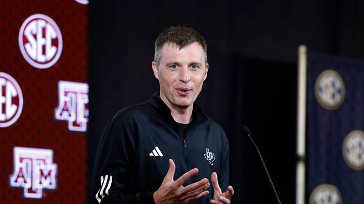 Oct 14, 2026; Birmingham, AL, USA;  Texas A&M Aggies head coach Bucky McMillan speaks during the SEC Basketball Tipoff at Grand Bohemian Hotel Mountain Brook.  Mandatory Credit: Butch Dill-Imagn Images