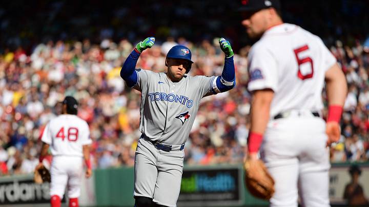 Jul 25, 2026; Boston, Massachusetts, USA; Toronto Blue Jays designated hitter George Springer (4) rounds the bases after hitting a three run home run during the third inning against the Boston Red Sox at Fenway Park. Mandatory Credit: Bob DeChiara-Imagn Images